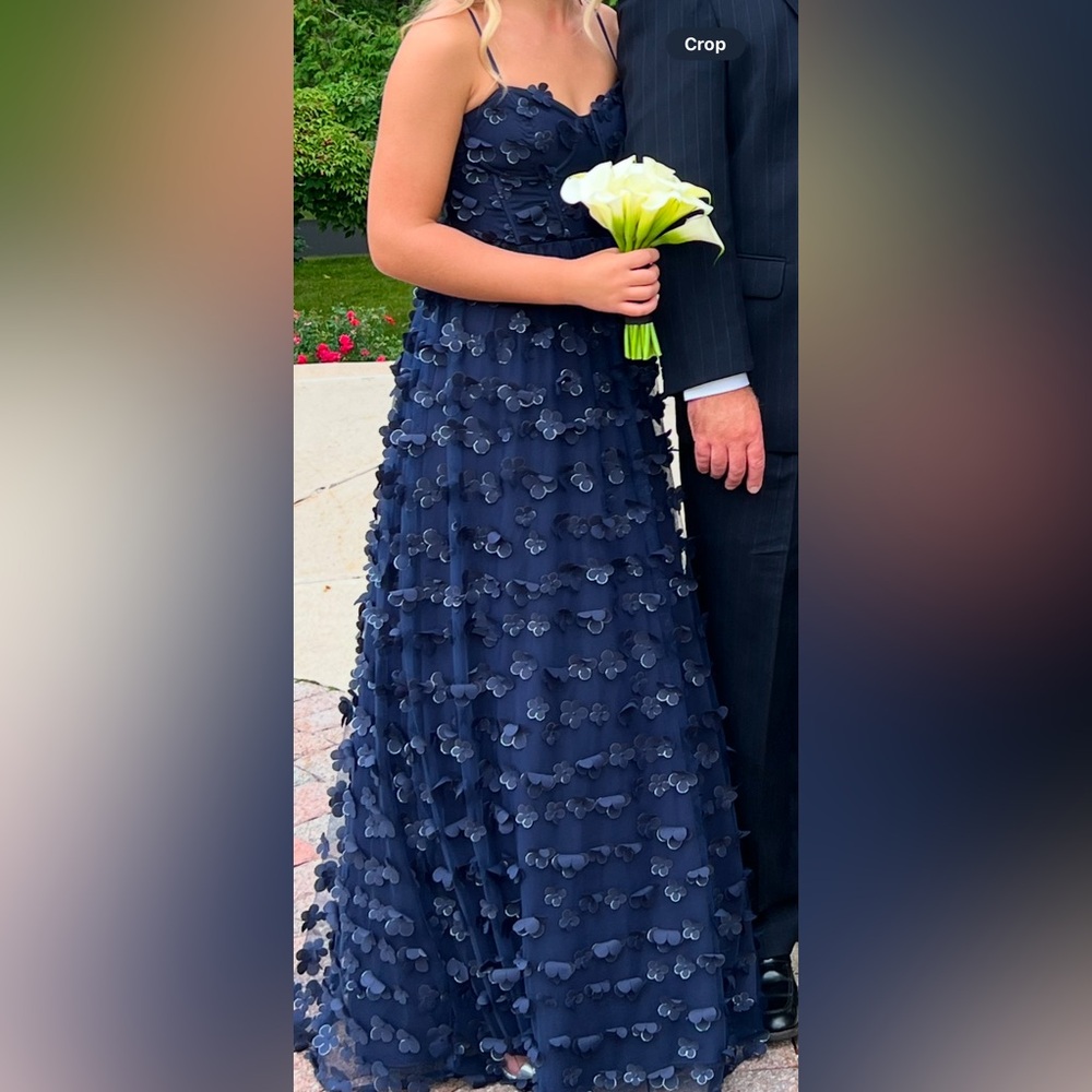Navy formal dress with sheer overlay with flowers